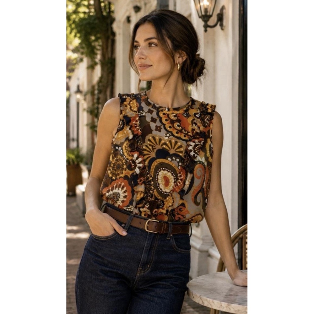J.CREW Darwin Ratti Silk Blouse Twill Cami Top Ruffle Shirt Floral Sz 16 Autumn